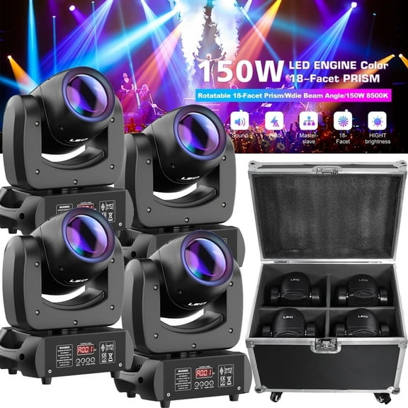 4 Pack COB LED Moving Head Stage Light with Flight Case, 18 Prism 8500K Gobo DJ Light for Club Disco Party Halloween