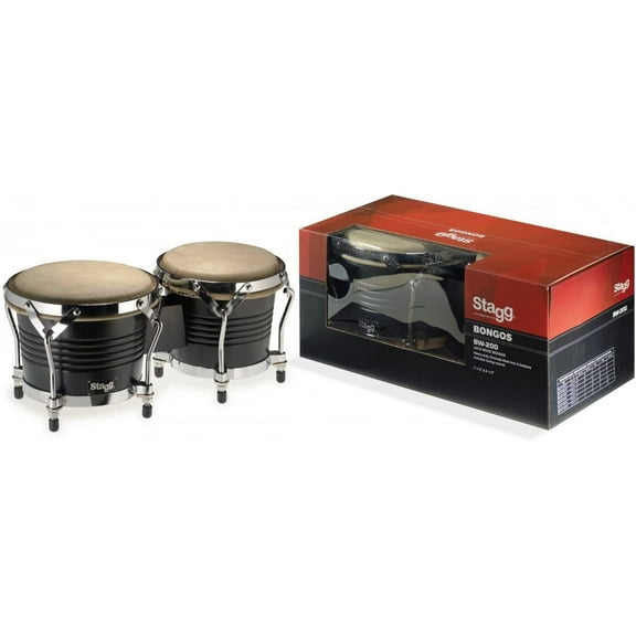 Stagg Model BW-200-BK Black 7.5-Inch & 6.5-Inch Latin Wood Bongo Hand Drums