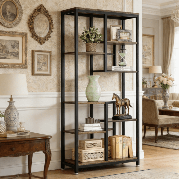Staggered 6 Shelf Bookcase Industrial Vintage Design Metal and Wood Storage Unit Multifunctional Display Rack for Living Room Home Office Small Space Organization Modern Loft Style Easy Assembly