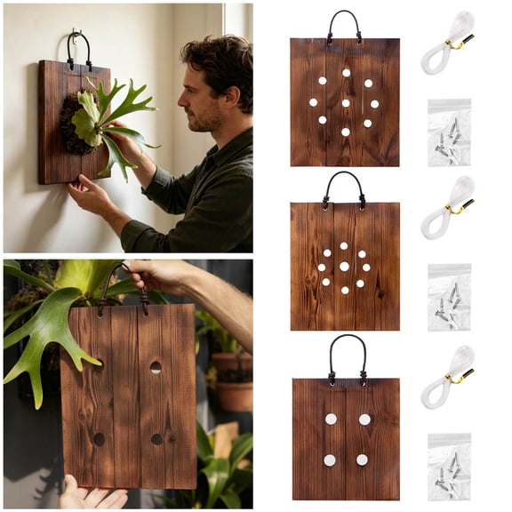 Staghorn Fern Wall Hanging Board for Living Spaces And Gardens Wooden Air Flowerpot Staghorn Hanging Installation Ideal for Stairs Corridors Terraces And More,30X24.5X2.3 cm,Brown A