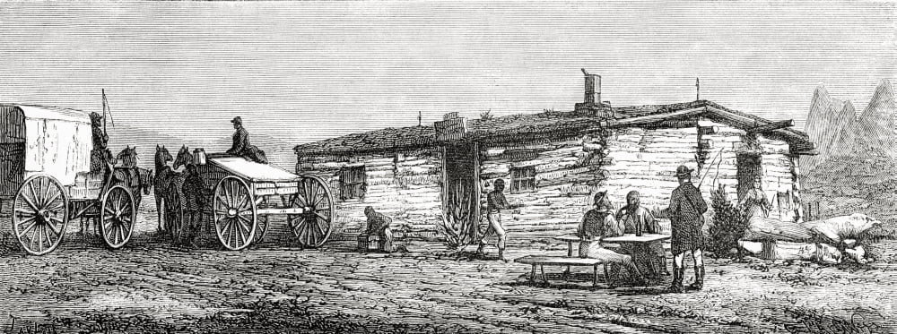 Staging Post Station In The Utah Desert America In The 19Th Century From El Mundo En La Mano Published 1875 Canvas Art - Ken Welsh Design Pics (24 x 9)
