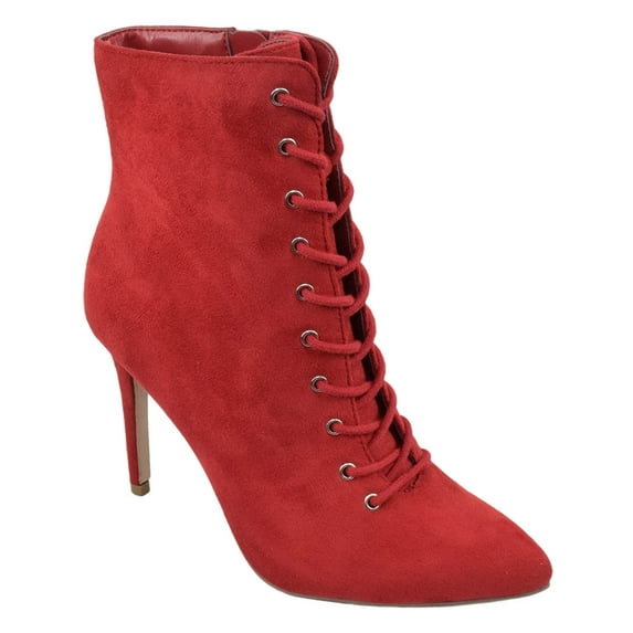 Stain Delicious Stiletto High Heels Lace Up Pointy Toe Women Ankle Boots Booties Side Zipper Suede Red