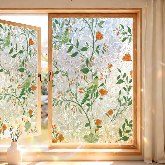 Stain Glass Window Film Floral Decorative Static Cling UV Blocking Heat Control Privacy Window Film for Home Bathroom Living Room Removable No Residue