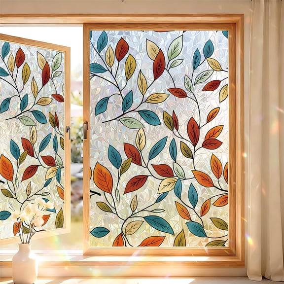 Stain Glass Window Film Floral Privacy Static Cling for Home Windows UV Blocking Heat Control Removable Decorative Window Sticker for Kitchen Bathroom Office