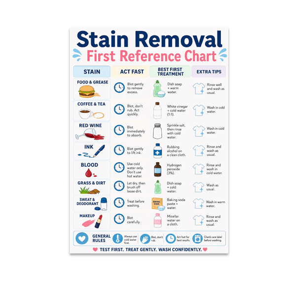 Stain Removal First Reference Chart - Home Organizer - 13x19 Poster Print
