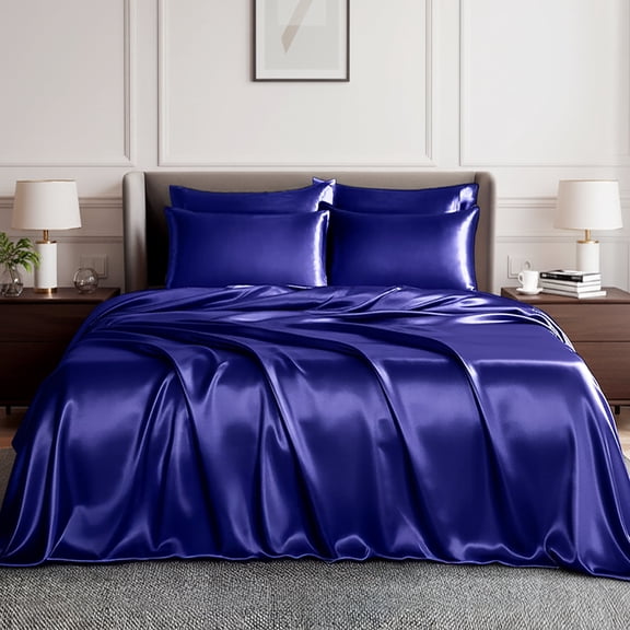 Seasonwood Stain Sheets,Silky Sheet Set Deep Pocket Fitted Full Size 4 Pieces,Navy