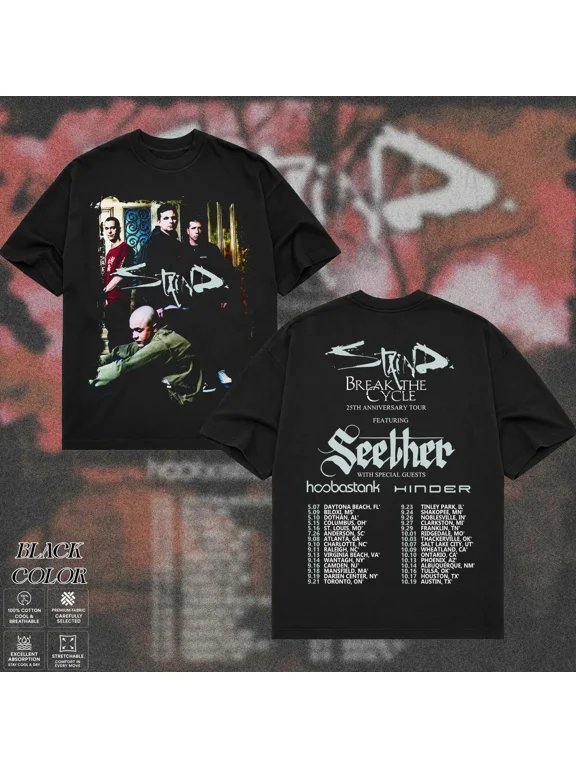 Staind Tour 2026 T-Shirt Break The Cycle 25th Anniversary Tee ,Black Color,Size L