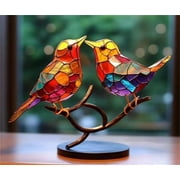 Stained Acrylic Birds on Branch Desktop Ornaments, Stained Glass Bird Ornament Stained Glass Sculpture Branch Double-Sided Multi-Colored Hummingbird Craft Statue for Home Office Desk Decorations
