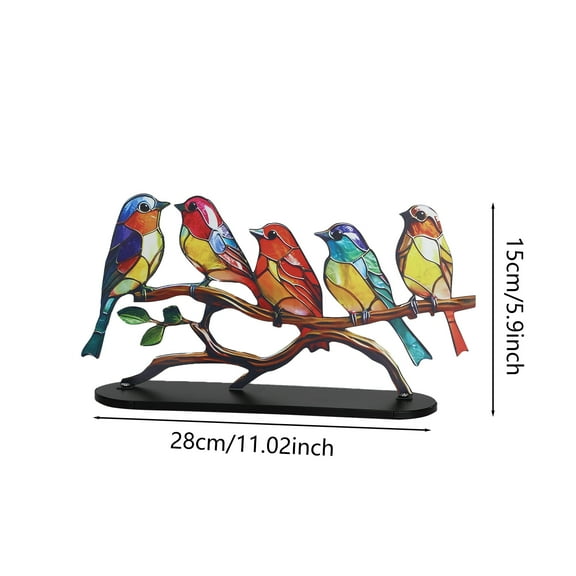 Stained Acrylic Birds On Branch Desktop Ornaments, Colorful Hummingbird Stained Flat 2D Sculpture Desk Decorations,5 Birds