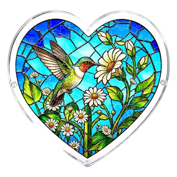 Stained Acrylic Suncatcher, Hummingbird Red Flowers Green Leaves Sun Catcher Stain Acrylic Jigsaw Puzzle Window Hanging Decoration Mother's Day Birthday Gifts for Bird Lover Women Men Mom