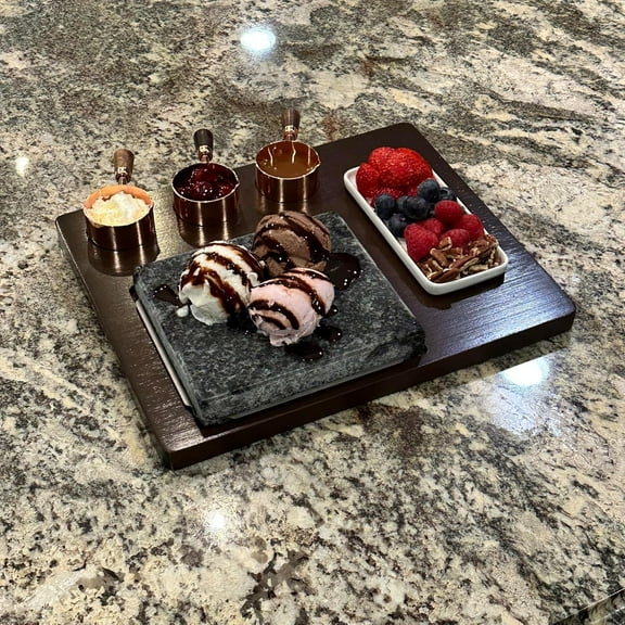 Stained Bamboo Granite Cooking Slab for Steak, Grill Stone Set for BBQ/Meats/Hibachi/Parties, Indoor Cooking