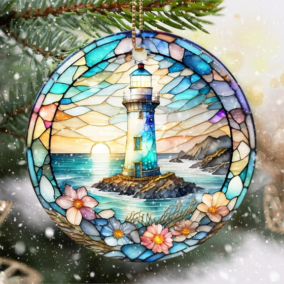 Stained Ceramic Lighthouse Ornament - Christmas Tree Ornaments - Christmas Decorations - Lighthouse Decor for Office, Room, Home - Holiday Present Ideas - Christmas Ornament -...