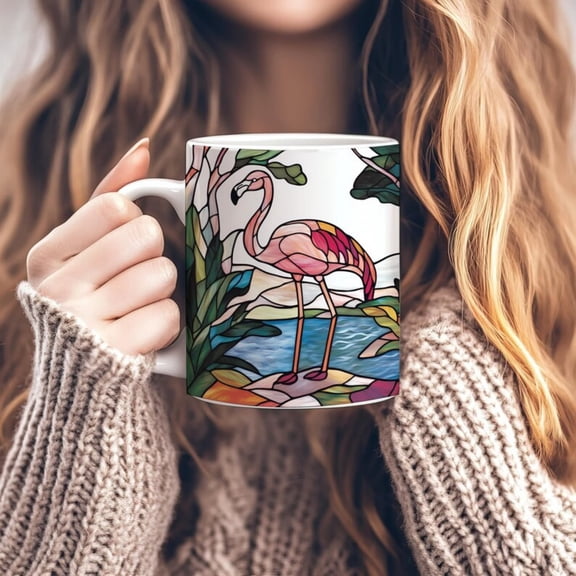 Stained Gl Flamingo Mug, Pink Flamingo Coffee Cup, Tropil Bird Lover Gift, Summer Beach Drinkware, Animal Areramic Mug oz.