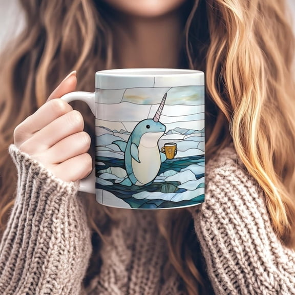 Stained Gl Narwhal Mug, Ceramic Cute Narwhal Coffee Cup oz, Whimsil Narwhal Lover Gift, Arctic Animal Gift, Quirky Narwhal Gift.