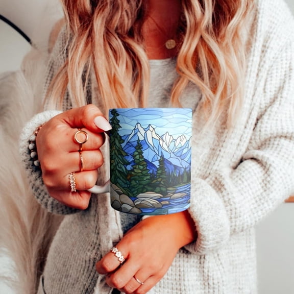 Stained Gl Style Blue Mountain Lake Ceramic Mug, Beautiful Snowy Mountains Coffee Mug, Mountain Range Landspe Teacup, Nature Lover Gift.