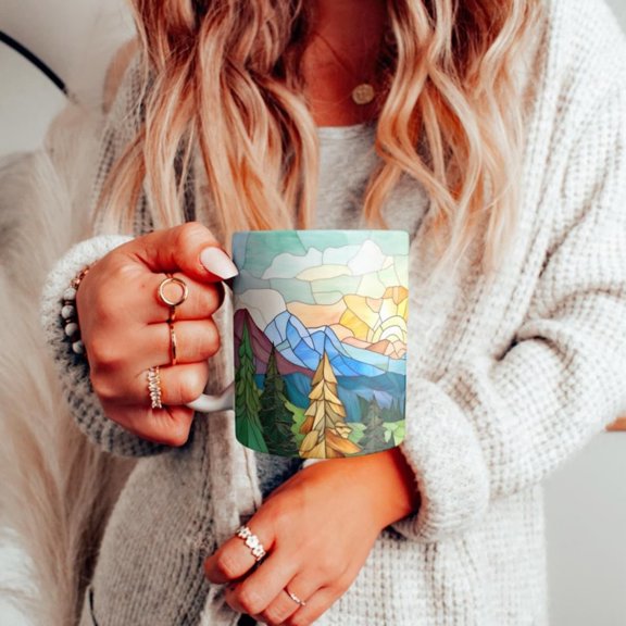 Stained Gl Style Mountain Valley Mug, Colorful Sun Sky Coffee Cup, Beautiful Green Valley Ceramic Mug, Mountain Pine Trees Mug.