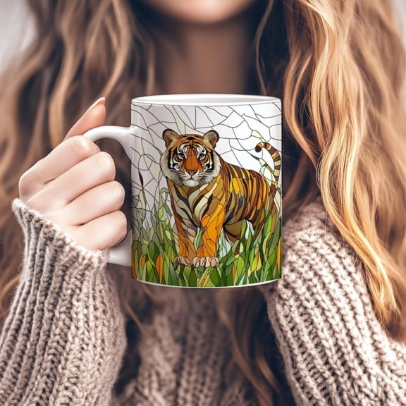 Stained Gl Tiger Mug, oz Ceramic Animal Mug Tiger Lovers, Animal-Themed Coffee Cup, Unique Wild Gift, Tiger Gift.