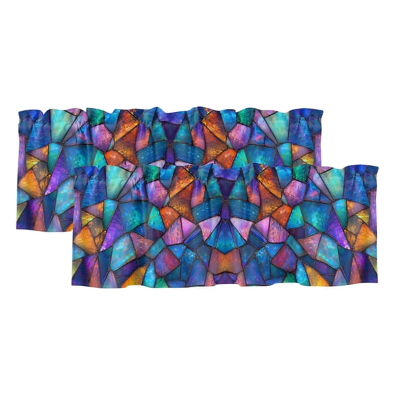 Stained Glass 2 Panels Kitchen Valance, Abstract Minimalist Blue Purple Glass Sheets Texture Curtains Valances for Small Windows Rod Pocket Window Treatments for Living Room Bedroom 42" W x 12" L