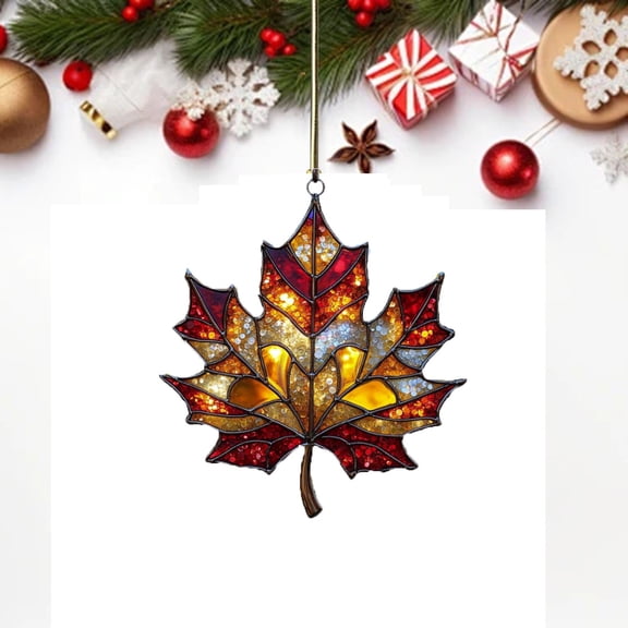 Stained Glass Acrylic Maple Leaf Ornament – Maple Leaf Stained Glass Window Hanging, Home Decor Wall Art Decor for Christmas Tree Decoration Thanksgiving Festival Party Supplies Fall Decor,Gold