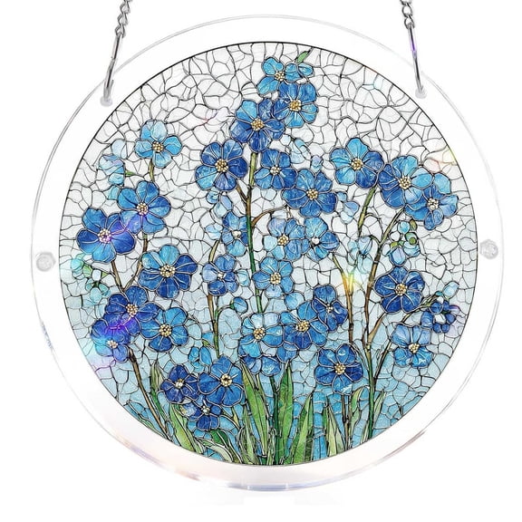 Stained Glass Acrylic Sun Catcher Puzzle – Spring Floral Design with Blue Blossoms & Green Leaves, DIY Window Hanging Decor for Home, Nursery, Classroom – 83-Piece Kit