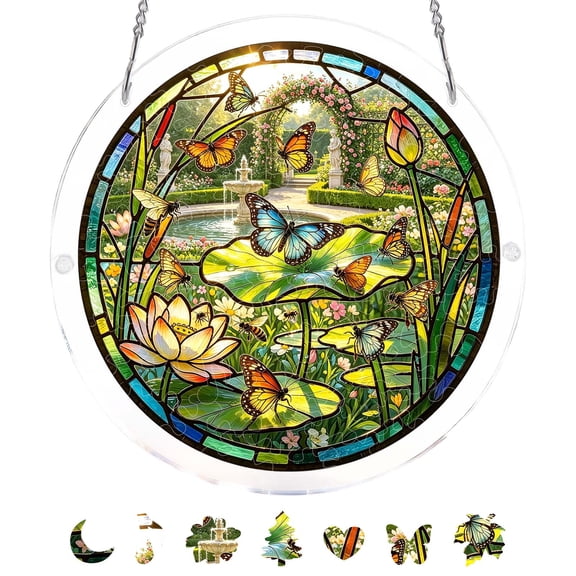 Stained Glass Acrylic Suncatcher Window Hanging DIY Puzzle Decor 83 Pieces Irregular Acrylic Puzzle Art Light Projection Hanging Ornament Metal Chain Home Window Porch Gift Birthday Home Decor