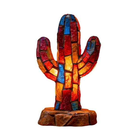 Stained Glass Animal Lamp-Animal Art Night Light, USB Powered Retro Resin Rainbow Fish/Deer/Cactus/Turtle/Snail Lamp for Bedroom, Desk, Home, Cute Decor Gift for Lovers, Friends, Family (Cactus)