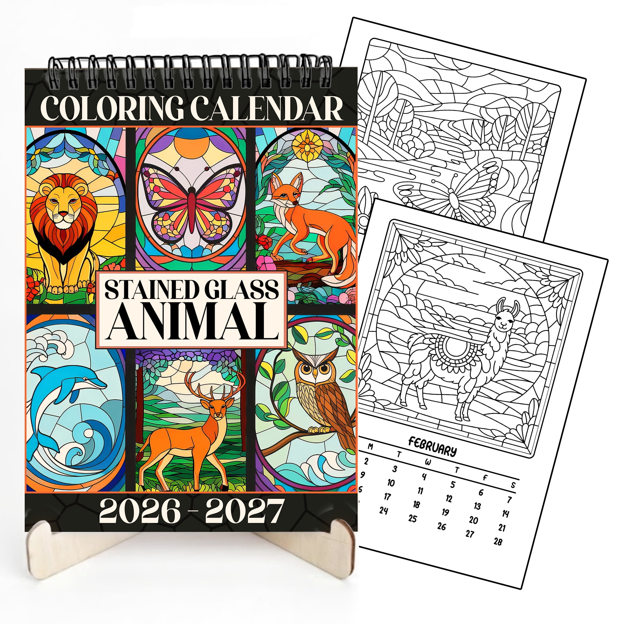 Stained Glass Animals Coloring Desk Calendar 2026–2027, A5 Wooden Cover Planner with 26 Easy Coloring Pages for Adult Relaxation, 24 Month Desktop Calendar with Stand, Gift for Family & Friends