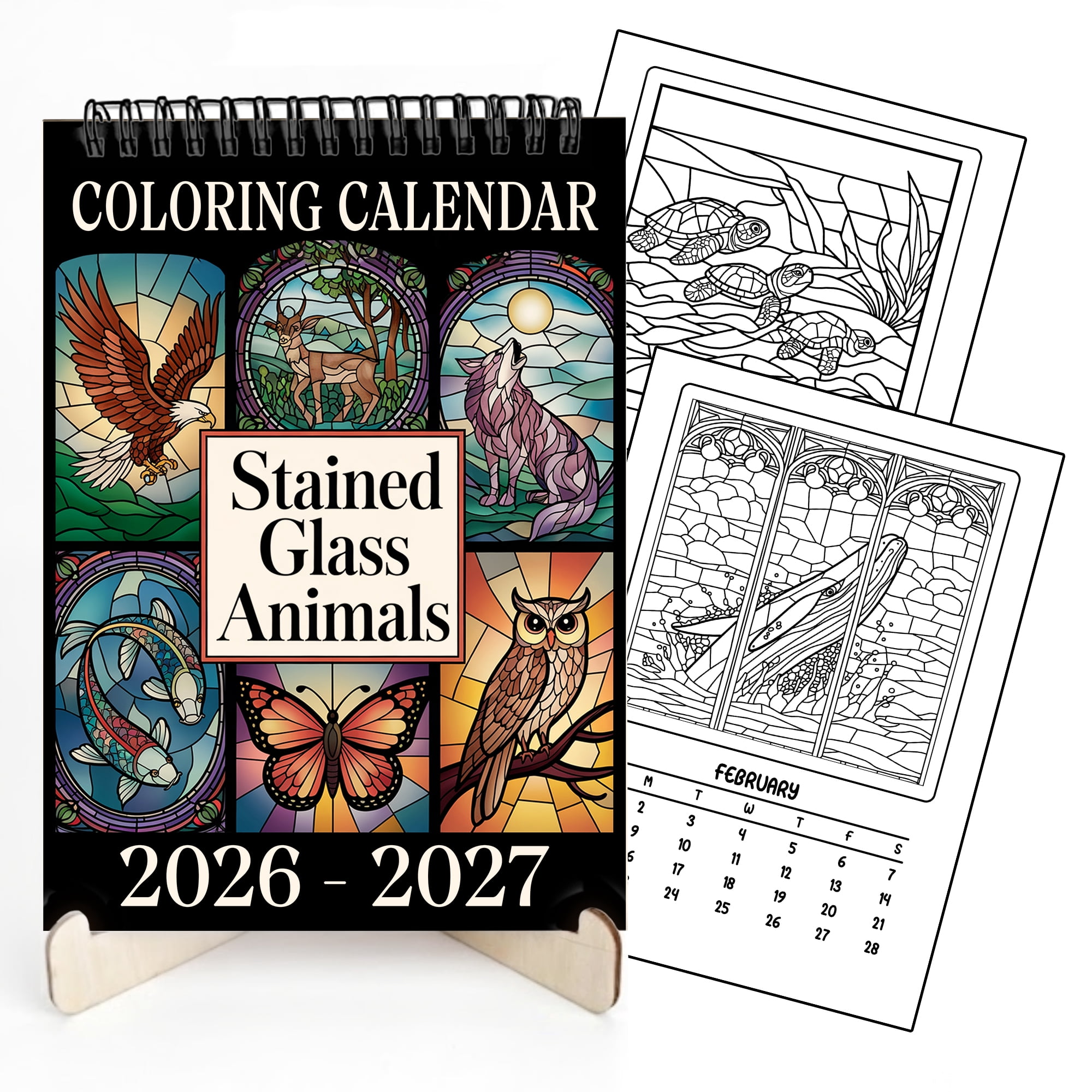 Stained Glass Animals Coloring Desk Calendar 2026–2027, A5 Wooden Cover Planner with 26 Easy Coloring Pages for Adult Relaxation, 24 Month Desktop Calendar with Stand, Gift for Family & Friends