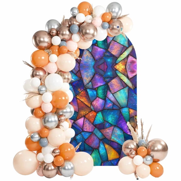 Stained Glass Arch Backdrop Cover 7.2Ft, Wedding Arch Covers Stretchy Backdrop, Colorful Rainbow Abstract Geometric Fitted 2 Sided Arched Photo Background for Birthday Party Decorations