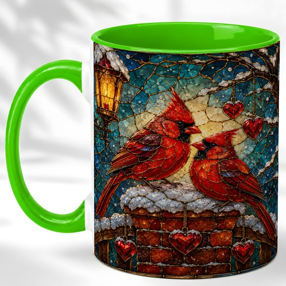 Stained Glass Art Cardinal Coffee Mug, Winter Bird Mug, Ceramic 11 oz