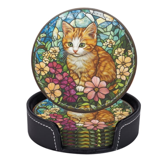 Stained Glass Artwork Of Orange And White Kitten Surrounded By Flowers