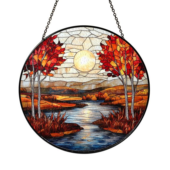 Stained Glass Autumn Lake Suncatcher, Window Art Hanging with Serene Fall Scenery for Living Room or Entryway