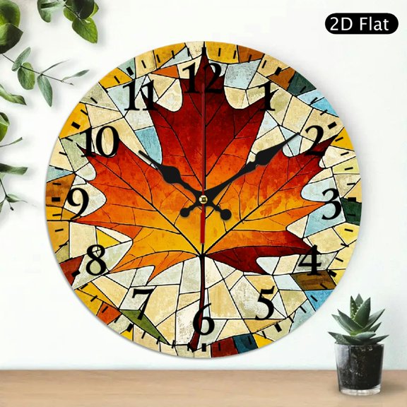Stained Glass Autumn Maple Leaf Wall Clock, Vibrant Fall Foliage Round Decorative Clock for Home Decor, 10x10 Inch, 1pc, Battery Not Included