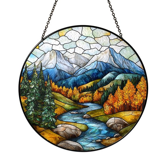 Stained Glass Autumn Mountain River Suncatcher Window Hanging, Fall Forest Landscape with Flowing Stream Scene Round Sun Catcher Nature Light Decor Gift