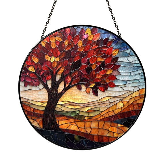 Stained Glass Autumn Tree Window Hanging, Scenic Hillside Fall Decor, Vibrant Nature Inspired Home Accent, Perfect Gift for Fall Enthusiasts