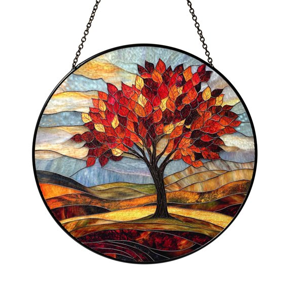Stained Glass Autumn Tree Window Panel Hillside Landscape Decorative Glass Art for Home Window Hanging