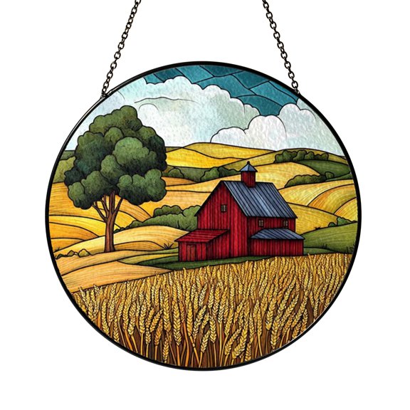 Stained Glass Barn Field Window Suncatcher, Warm Countryside Hanging Decor Gift - Copy