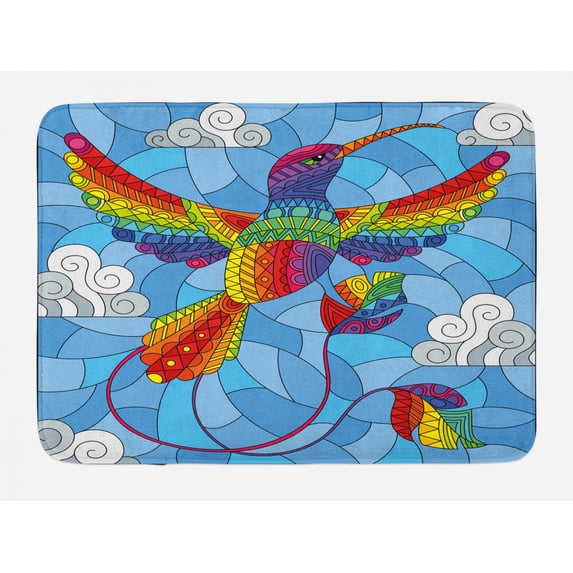 Stained Glass Bath Mat, Hummingbird Clouds Sky Mosaic Illustration, Plush Bathroom Decor Mat with Non Slip Backing, 29.5" X 17.5", Sky Blue Multicolor, by Ambesonne