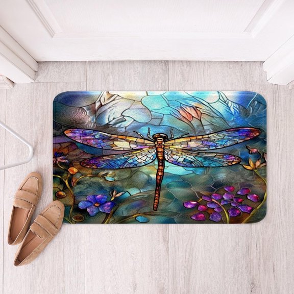 Stained Glass Bathroom Rug 16 x 24 Dragonfly Bath Mat Colorful Geometric Floral Pattern Doormat Purple Blue