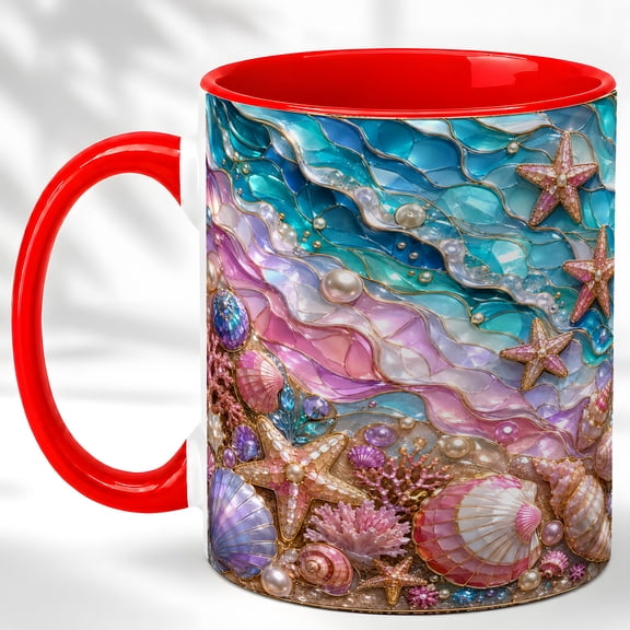 Stained Glass Beach Coffee Mug, Seashell Starfish Mug, Ceramic Cup