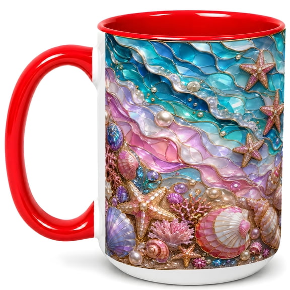 Stained Glass Beach Coffee Mug, Seashell Starfish Mug, Ceramic Cup