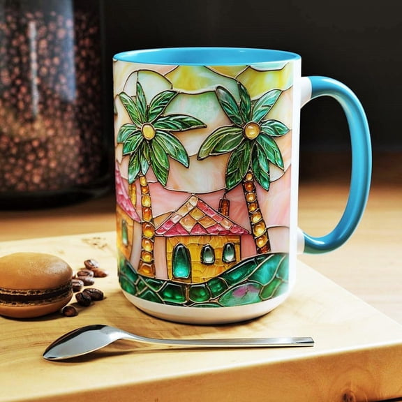 Stained Glass Beach House Mug: Coastal Palm Tree Ceramic Cup