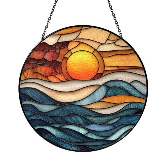 Stained Glass Beach Sunset Window Decor, Ocean Wave Suncatcher for Relaxing Coastal Home Styling