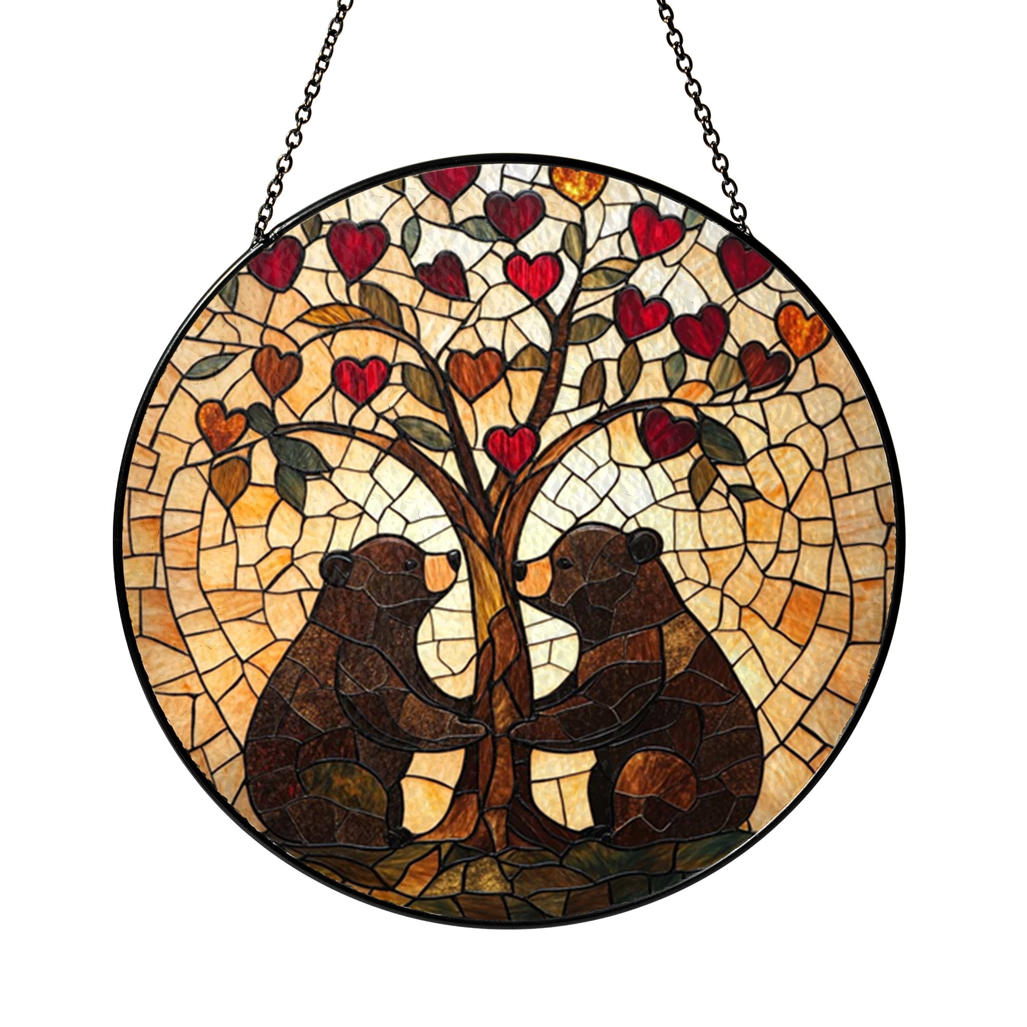 Window Drawing. Sign Stained Glass Bear Duo with Heart Tree Motif, Whimsical Romantic Window ...