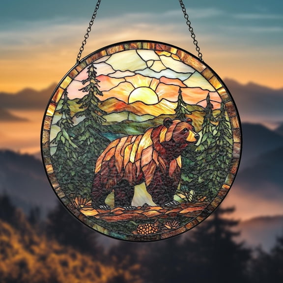 Stained Glass Bear Suncatcher, Nature-Inspired Window Decor, Gift for Wildlife and Animal Lovers, Beautiful Wildlife-Inspired Window Art.