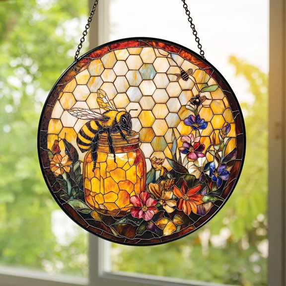Stained Glass Bee Suncatcher | Honeycomb & Honey Jar Window Hanging | Handmade Floral Sun Catcher Farmhouse Nature Lover Gift