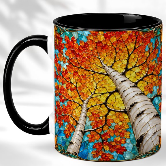 Stained Glass Birch Coffee Mug, Autumn Tree Mug, Ceramic 11 oz