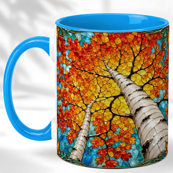 Stained Glass Birch Coffee Mug, Autumn Tree Mug, Ceramic 11 oz