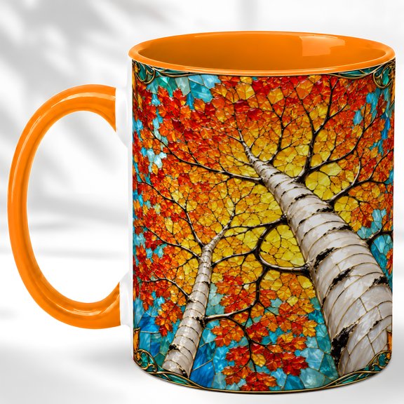Stained Glass Birch Coffee Mug, Autumn Tree Mug, Ceramic 11 oz
