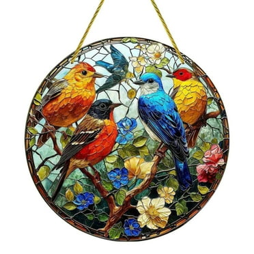 Stained Glass Bird Branch Catcher Wall Window Hanging Ornament Hand-Painted Acrylic Hummingbird Panel Decor Christmas Birthday Gifts 7.8×7.8”